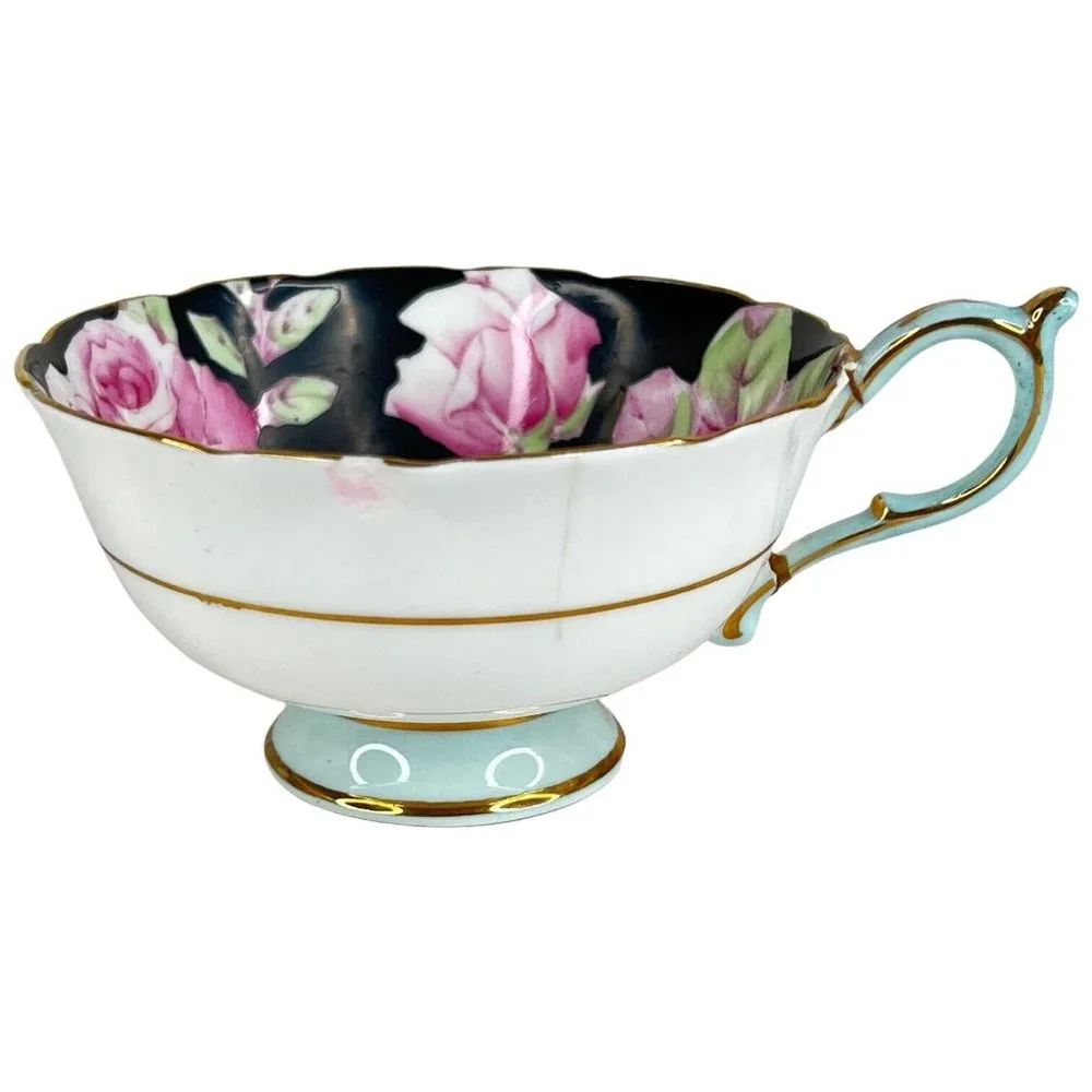 Paragon Tea Cup Pink Cabbage‎ Rose Black Blue Double Warrant Display Only FLAWS